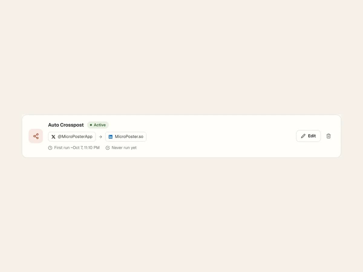 An active Auto Crosspost automation from X to LinkedIn.