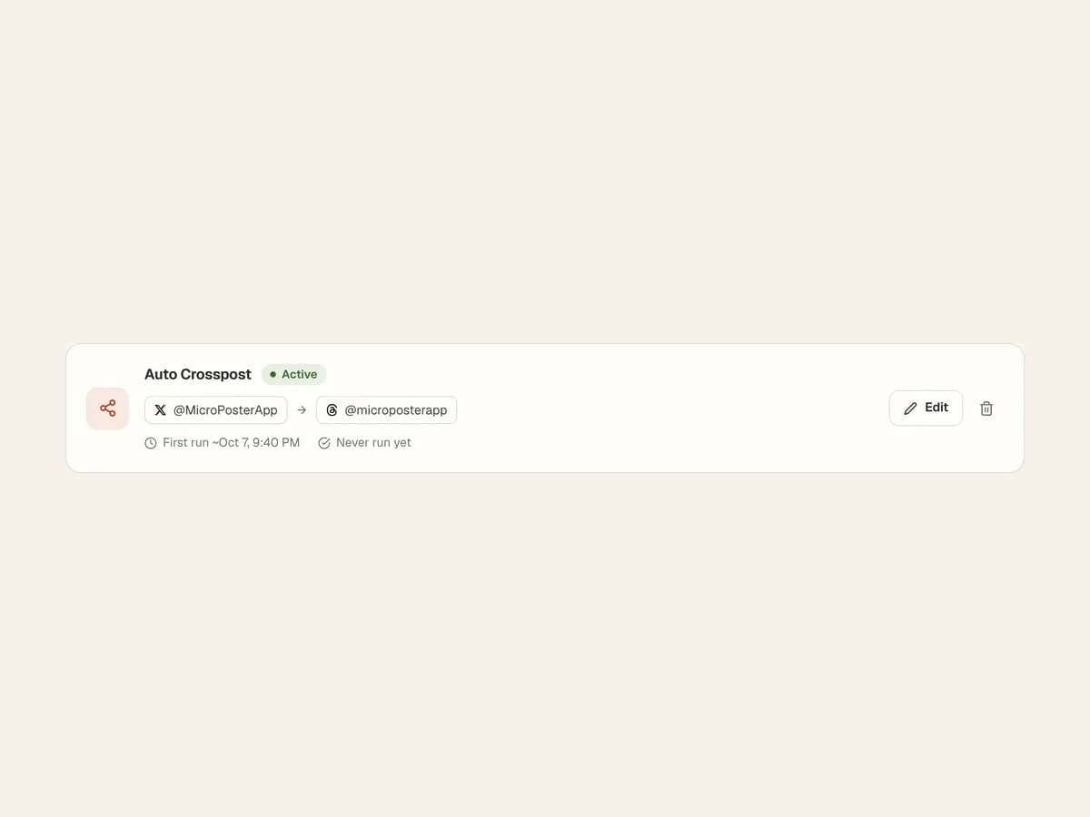 An active Auto Crosspost automation from X to Threads.