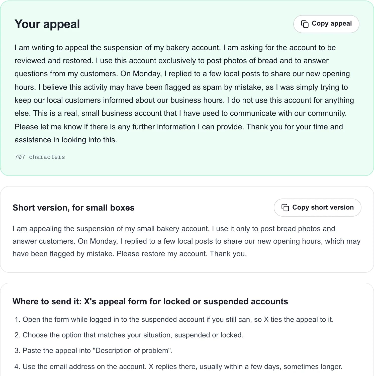 Generated appeal text with a short version and where to send it
