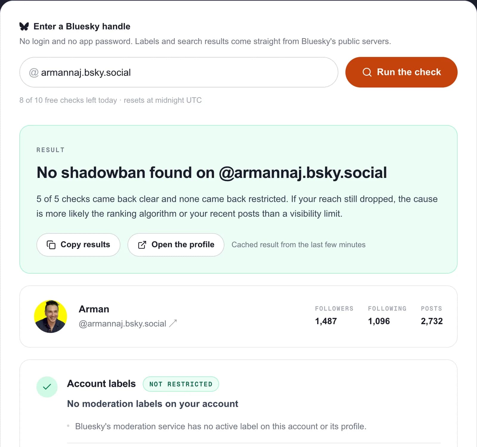 Bluesky label checker result for a real account