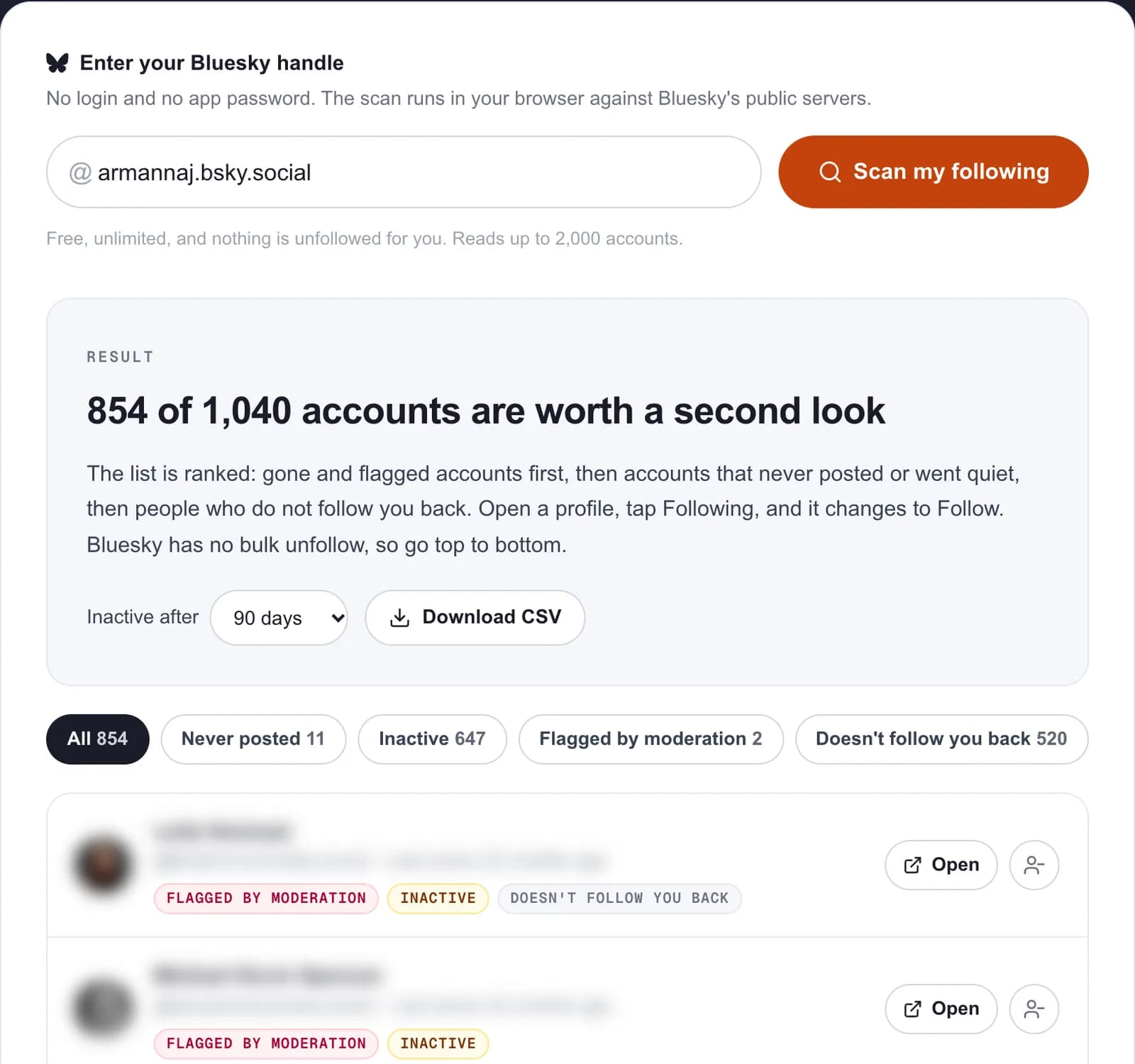 Bluesky following cleaner result with filters for inactive, never posted, flagged and not following back