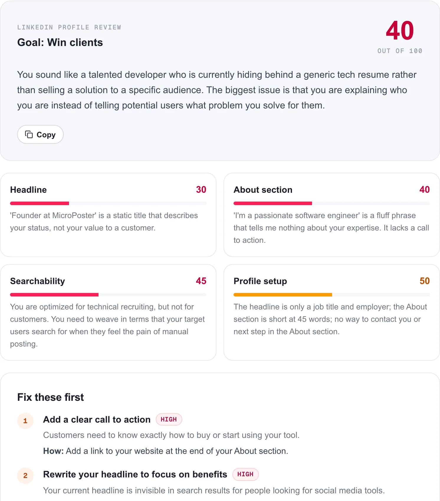 LinkedIn profile review with an overall score and scores for headline, About section, searchability and profile setup, followed by fixes in order