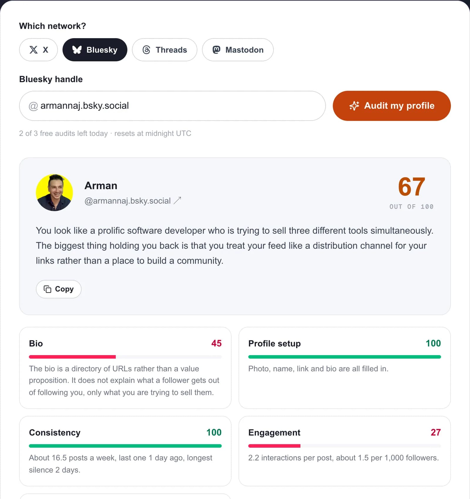 Bio checker result with a bio score and the reason for it