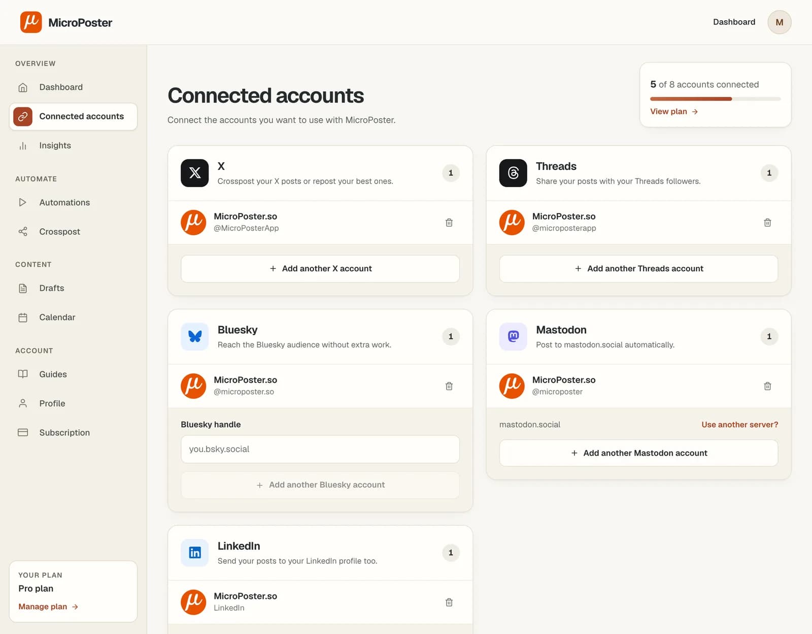 The Connected accounts page with an X, a Threads, a Bluesky, a Mastodon and a LinkedIn account connected.