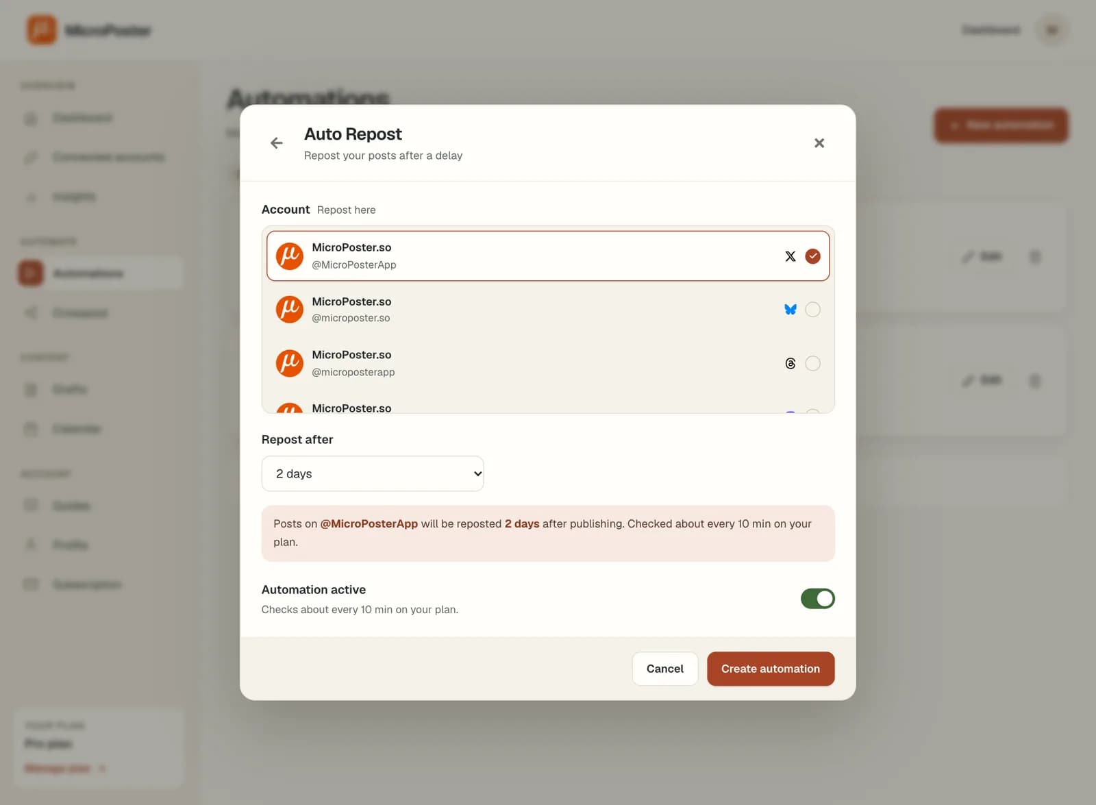 The Auto Repost settings: the account to repost on and how long to wait after a post is published.