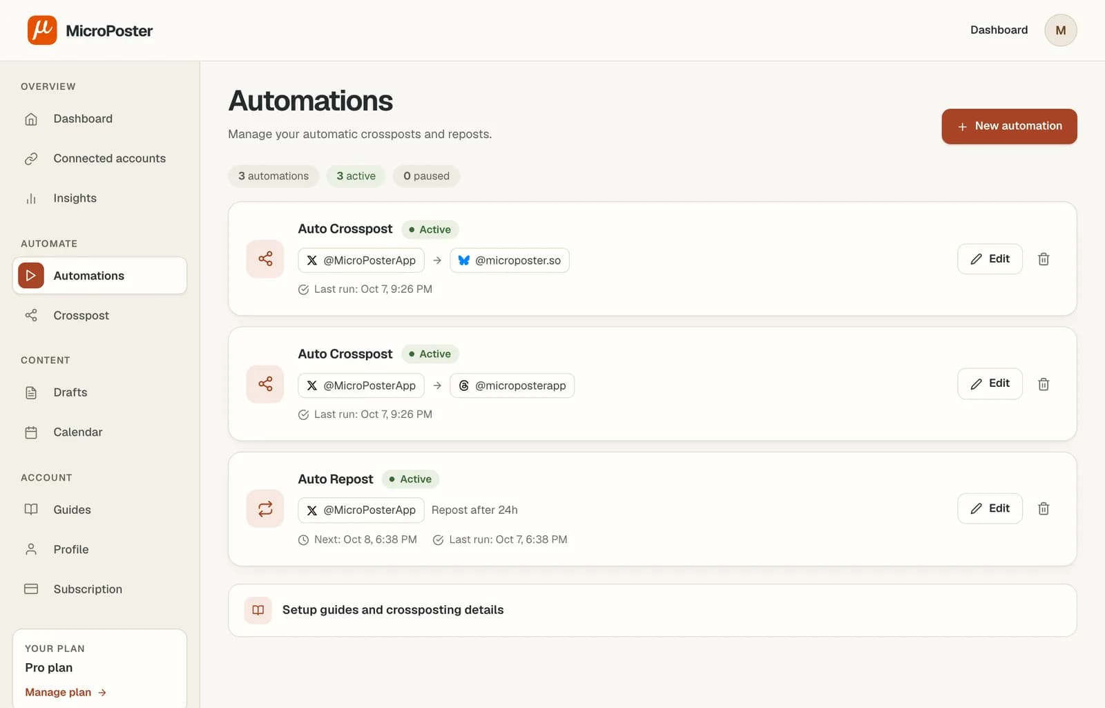 The Automations page with two active Auto Crosspost routes from X and an active Auto Repost on X.