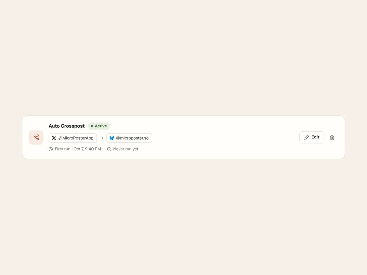 An active Auto Crosspost automation from X to Bluesky.