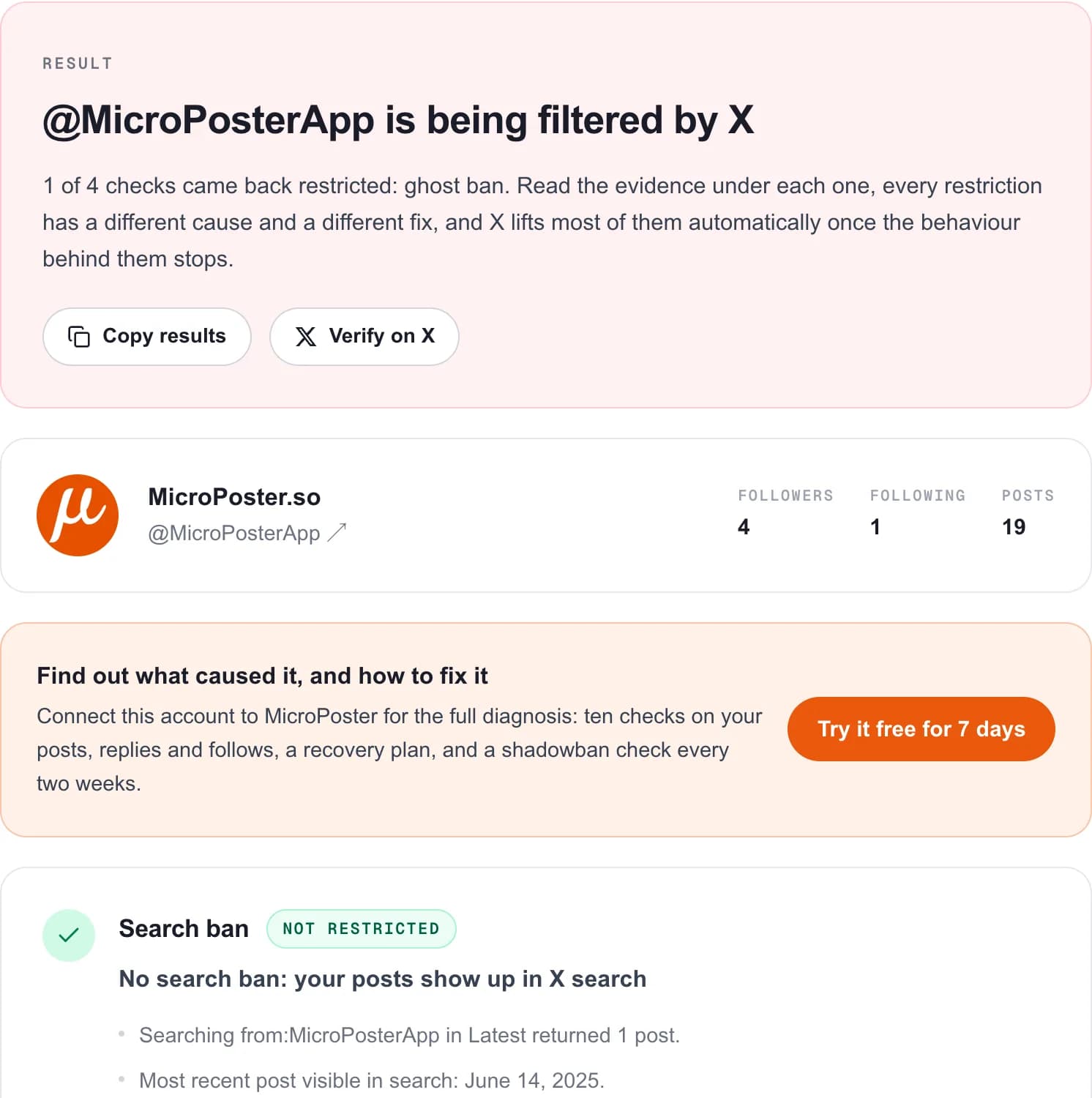 Twitter shadowban test result showing a ghost ban on a real X account, with the evidence for each check