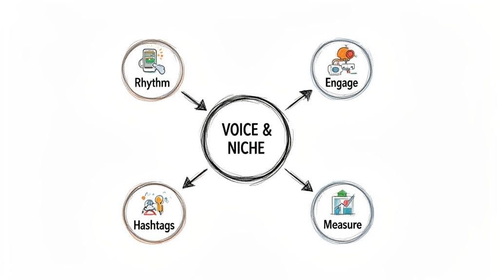 A concept map showing 'Voice & Niche' at the center, connected to 'Rhythm', 'Engage', 'Hashtags', and 'Measure'.