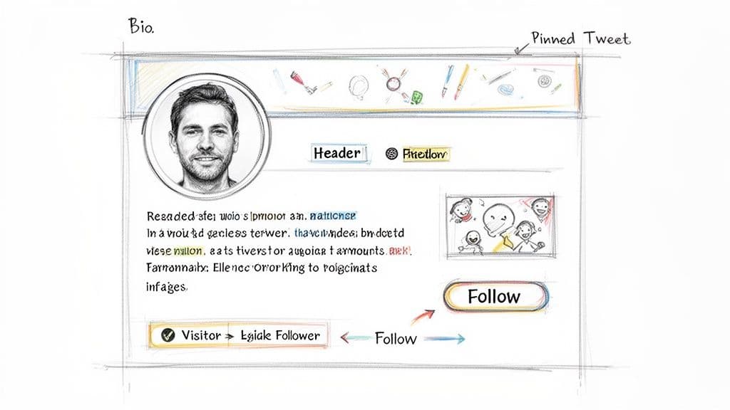 A sketch of a Twitter profile page featuring a user's avatar, bio, header, and follow button.