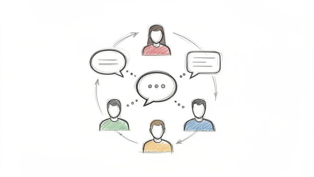 Hand-drawn sketch of four people communicating in a circular flow with speech bubbles, representing discussion.