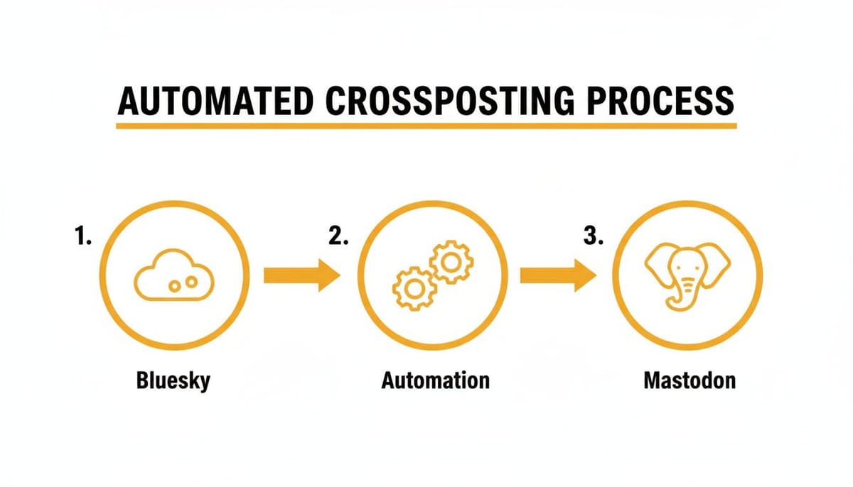 Diagram showing an automated crossposting process from Bluesky to Mastodon via automation.