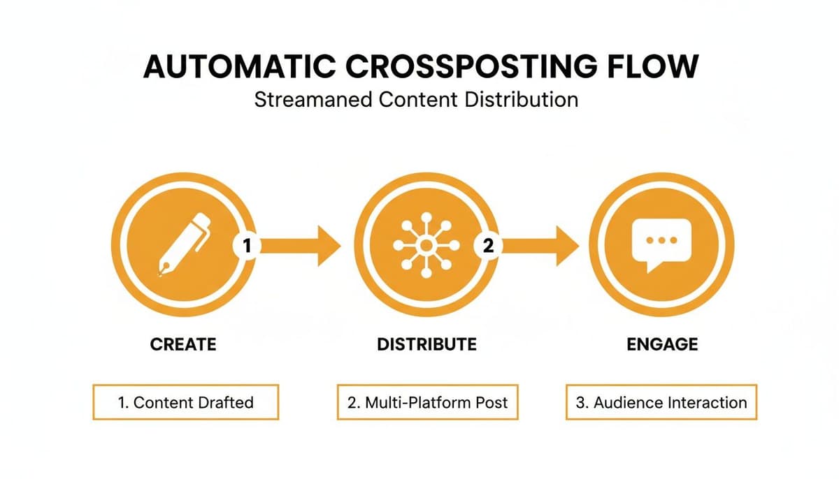 Flowchart illustrating the automatic crossposting process: create, distribute content across platforms, and engage with the audience.