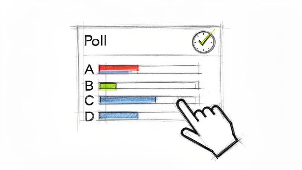 Sketch of an online poll interface with multiple-choice options, results, a clock, and a clicking hand.