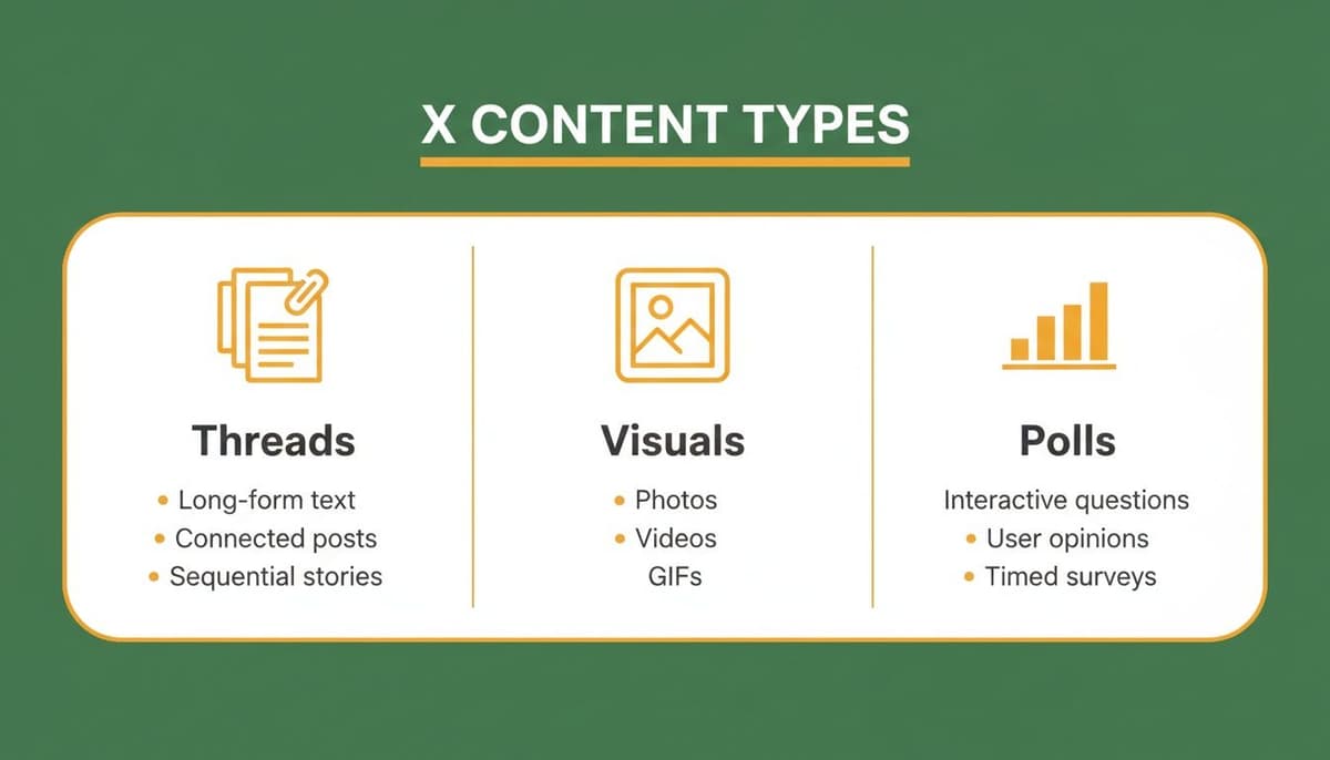 An infographic illustrating three X content types: Threads, Visuals, and Polls, with descriptions.