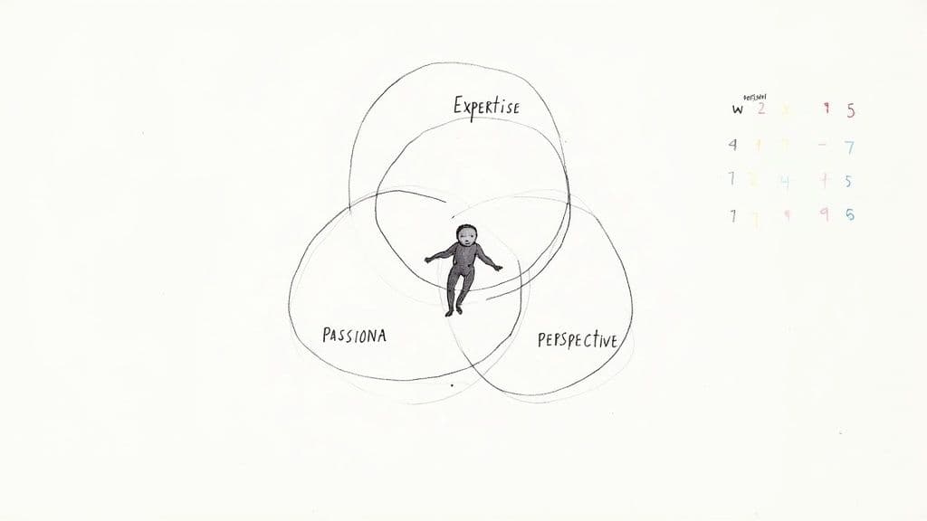 Hand-drawn Venn diagram with overlapping circles labeled 'Expertise', 'Passiona', and 'Perspective', featuring a small person in their shared center.