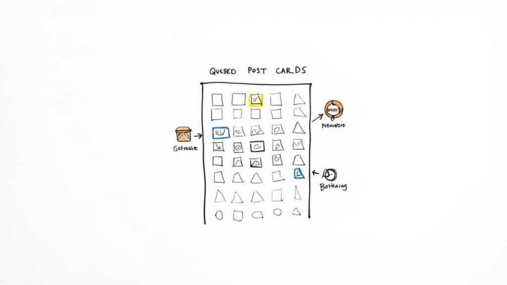 Hand-drawn diagram depicting 'Quosed Post Cards' management system with inputs from 'Getdate', 'Nemesis', and 'Bothaing'.