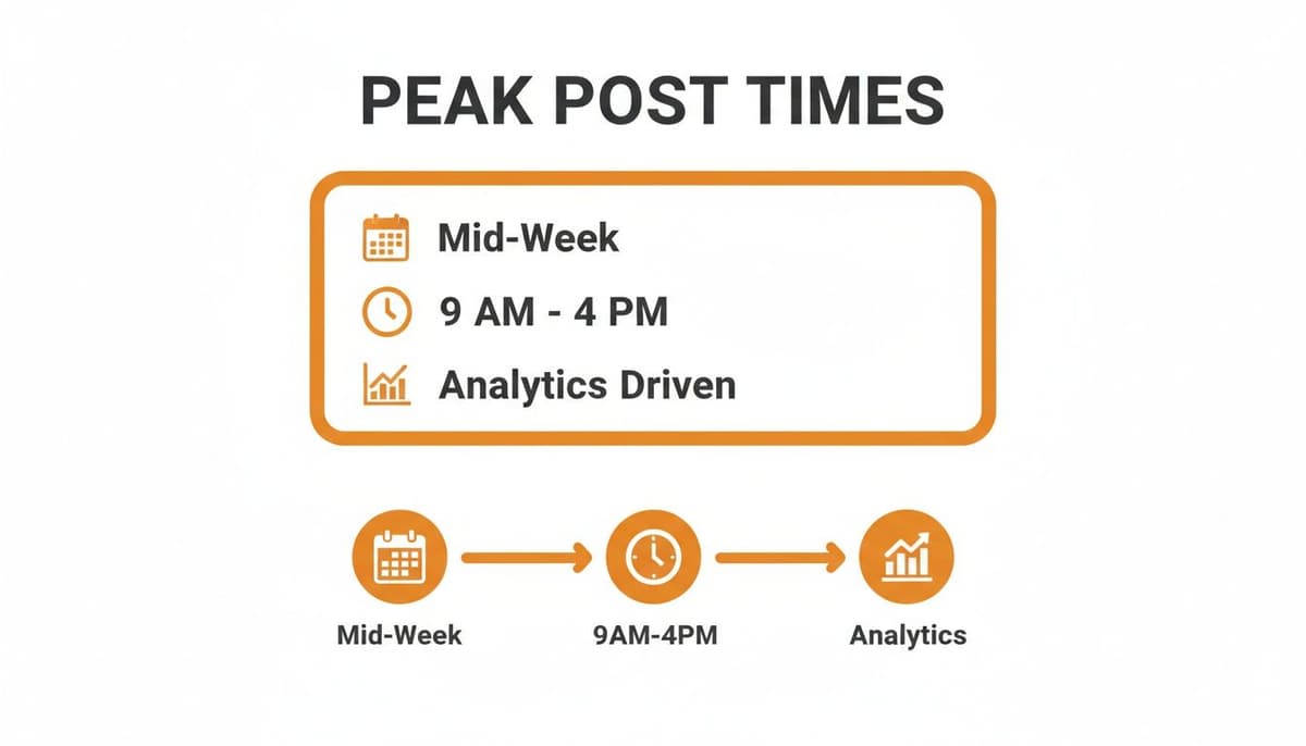 Image displaying peak post times: Mid-Week, 9 AM - 4 PM, analytics driven strategy.