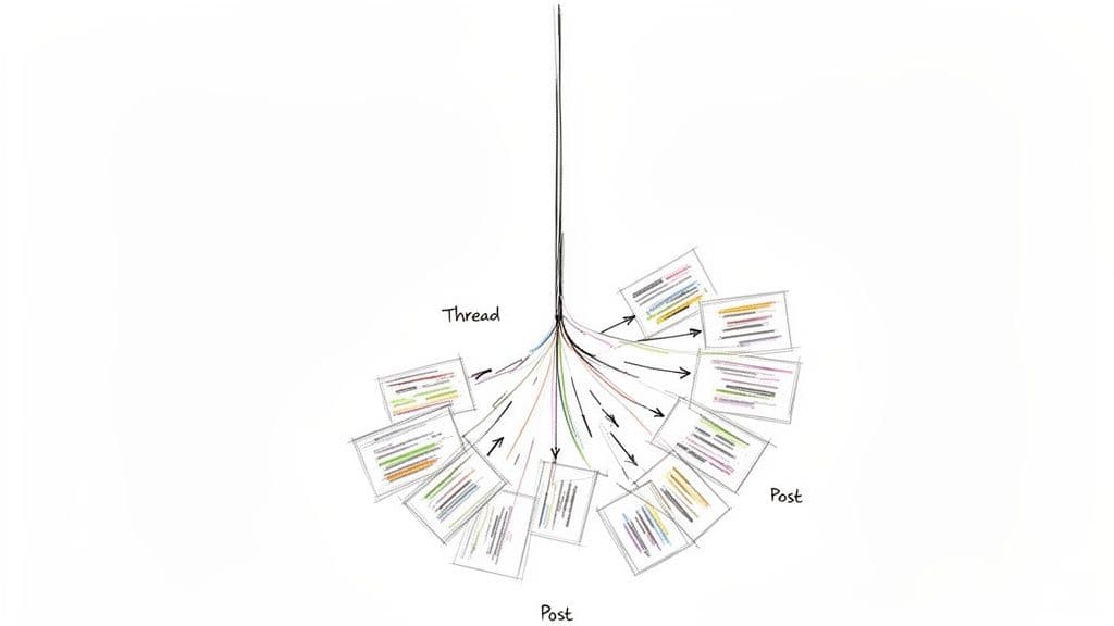 An illustration of a main thread branching into multiple distinct posts, showcasing content repurposing.