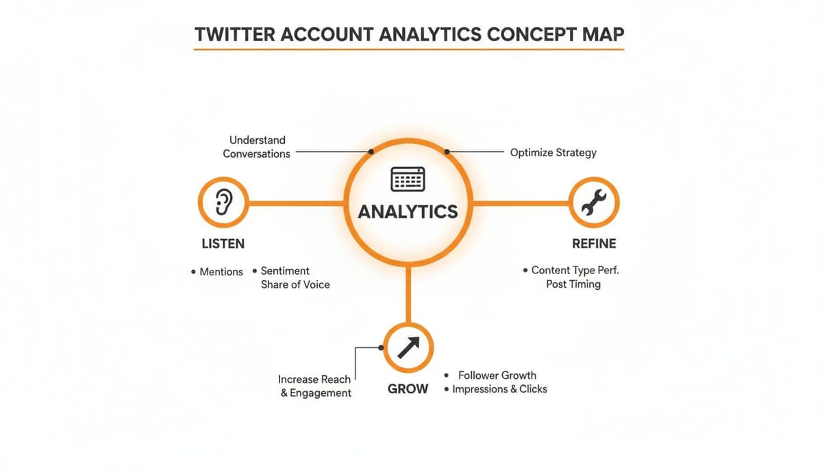 Twitter account analytics concept map illustrating the Listen, Refine, and Grow stages, all centered around Analytics.