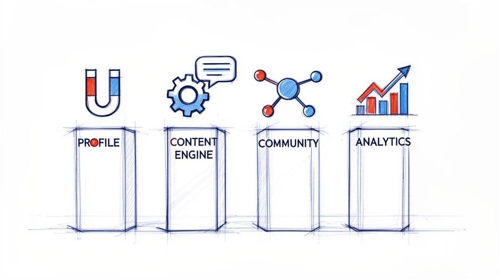 Four illustrated concepts: Profile (magnet), Content Engine (gear/chat), Community (network), and Analytics (growth chart) on blocks.