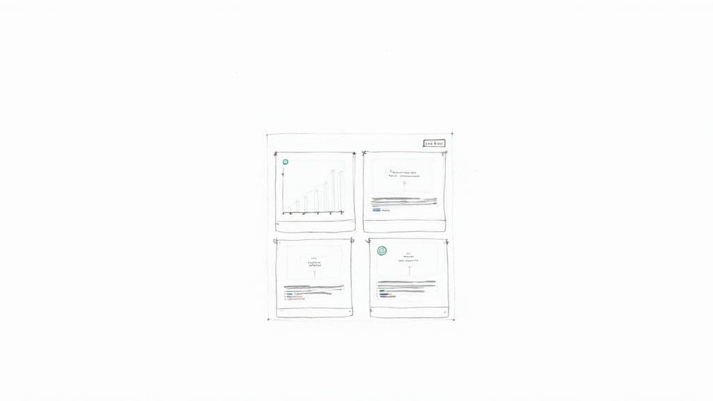 Hand-drawn wireframe sketch of a dashboard layout featuring charts and text components.