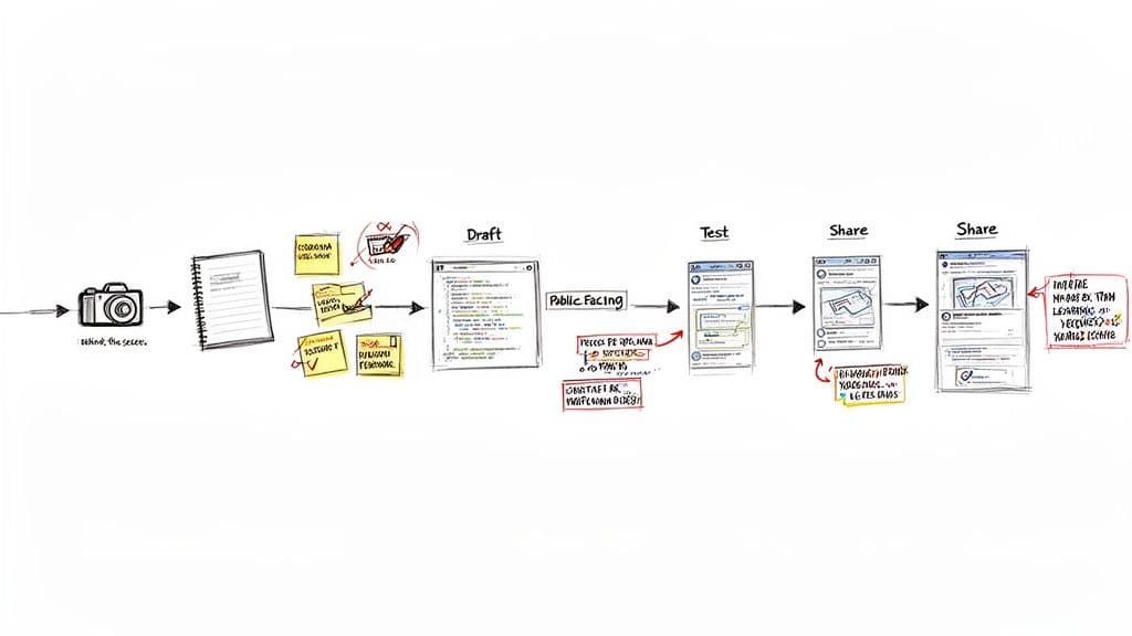 A hand-drawn diagram illustrating a content creation and sharing workflow process.