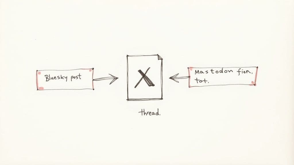 Diagram illustrating a thread combining a Bluesky post and a Mastodon post, showing social media cross-posting.
