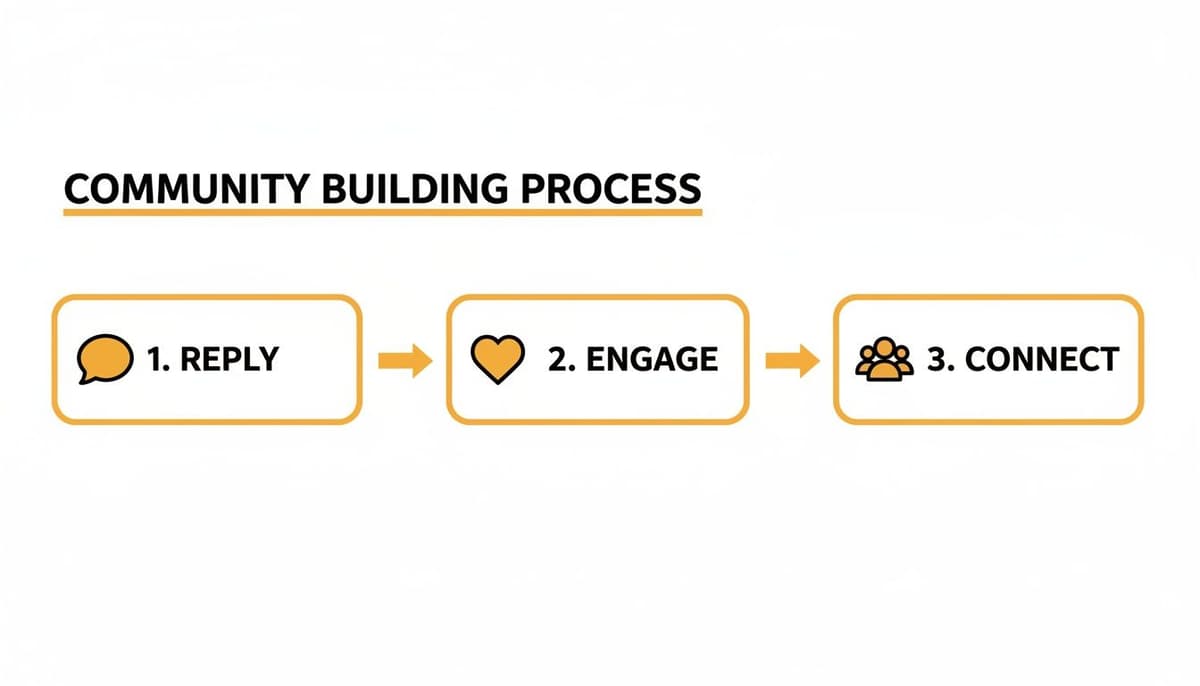 A three-step community building process showing Reply, Engage, and Connect with corresponding icons.