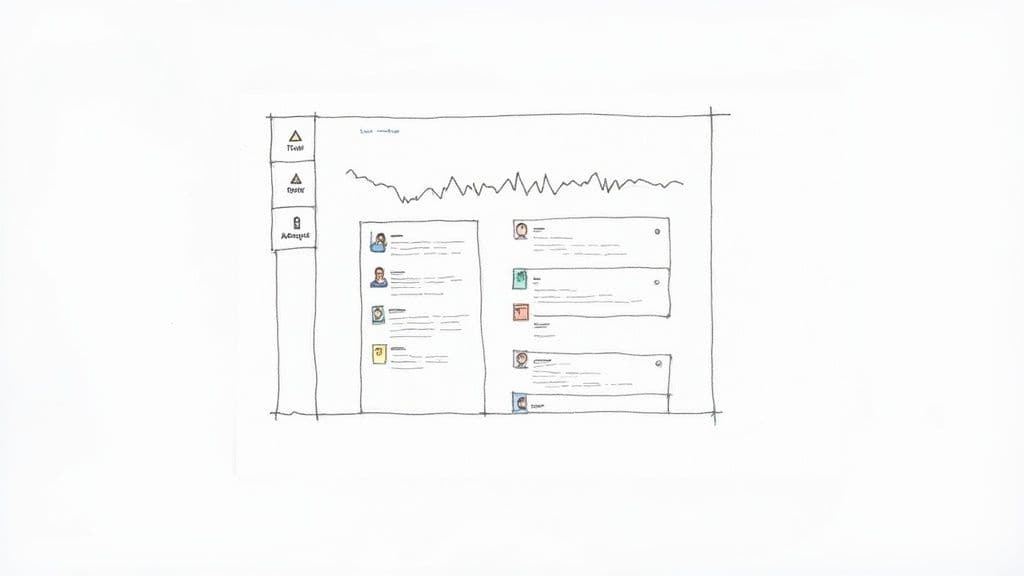 Hand-drawn wireframe sketch of a dashboard interface featuring a line graph and user data cards.