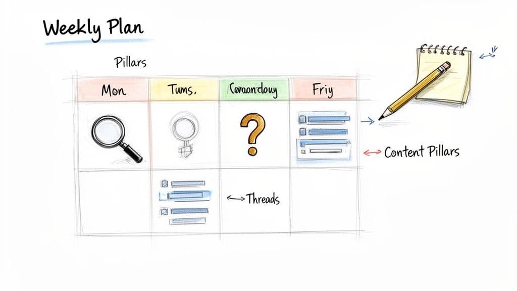 A hand-drawn weekly plan grid showing content pillars for social media scheduling.