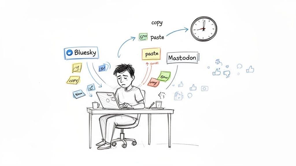 A frustrated person manually copies and pastes content between Bluesky and Mastodon, wasting time.