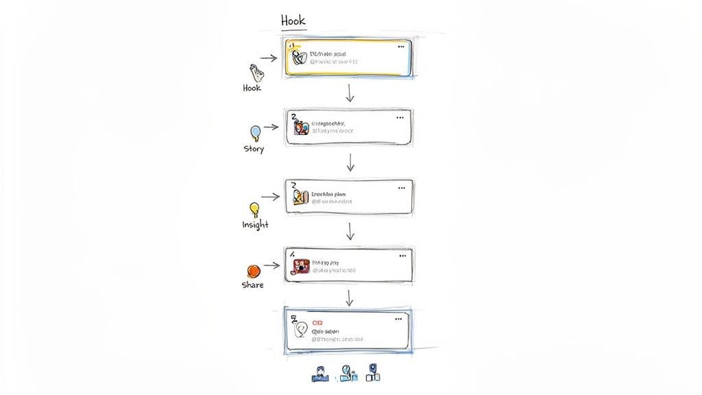 A visual guide illustrating a social media content strategy showing a tweet thread's hook, story, insight, and share stages.