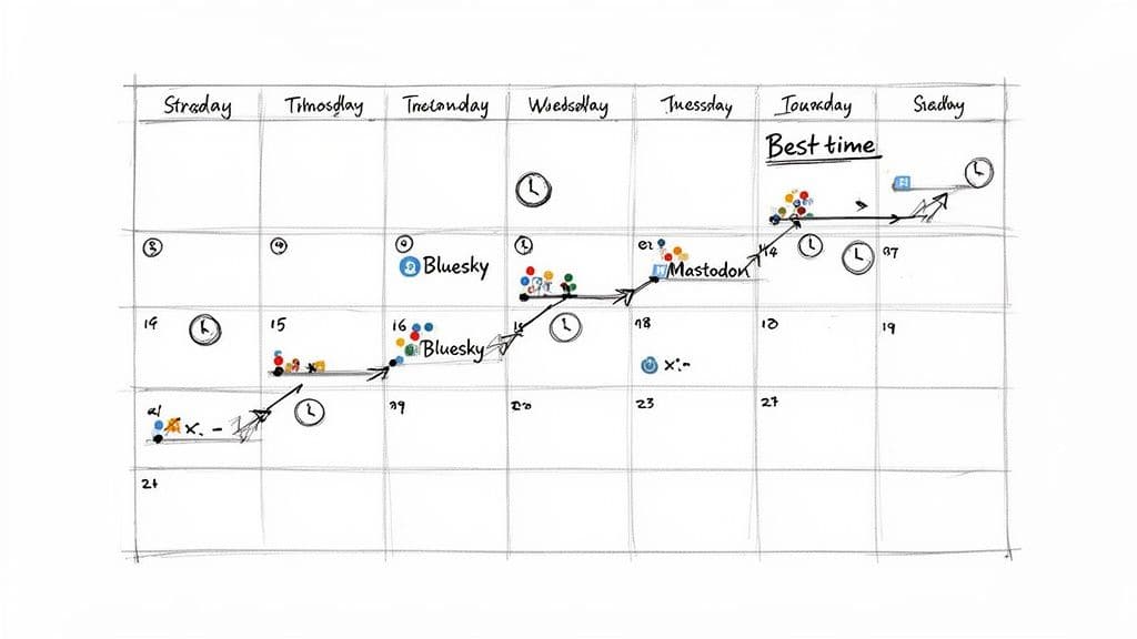 Hand-drawn calendar visualizes automatic social media crossposting and scheduling across Bluesky and Mastodon.