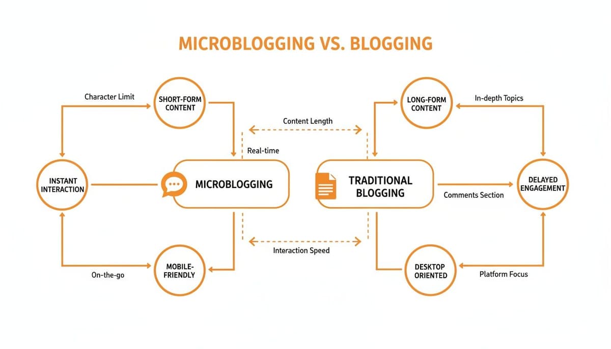 Infographic comparing microblogging and traditional blogging, highlighting content length, interaction, and platform focus.