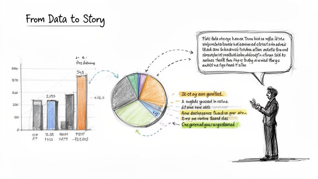 A sketch visualizing data to story: a bar chart, a pie chart, and a person speaking.