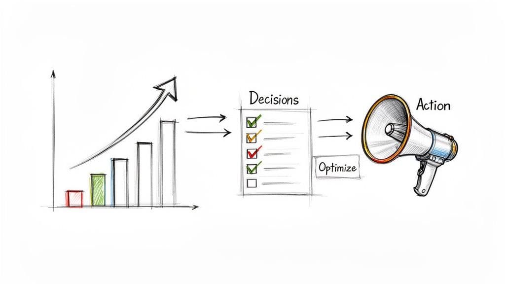 A hand-drawn diagram showing a bar graph, decisions checklist, and megaphone for strategic action and optimization.