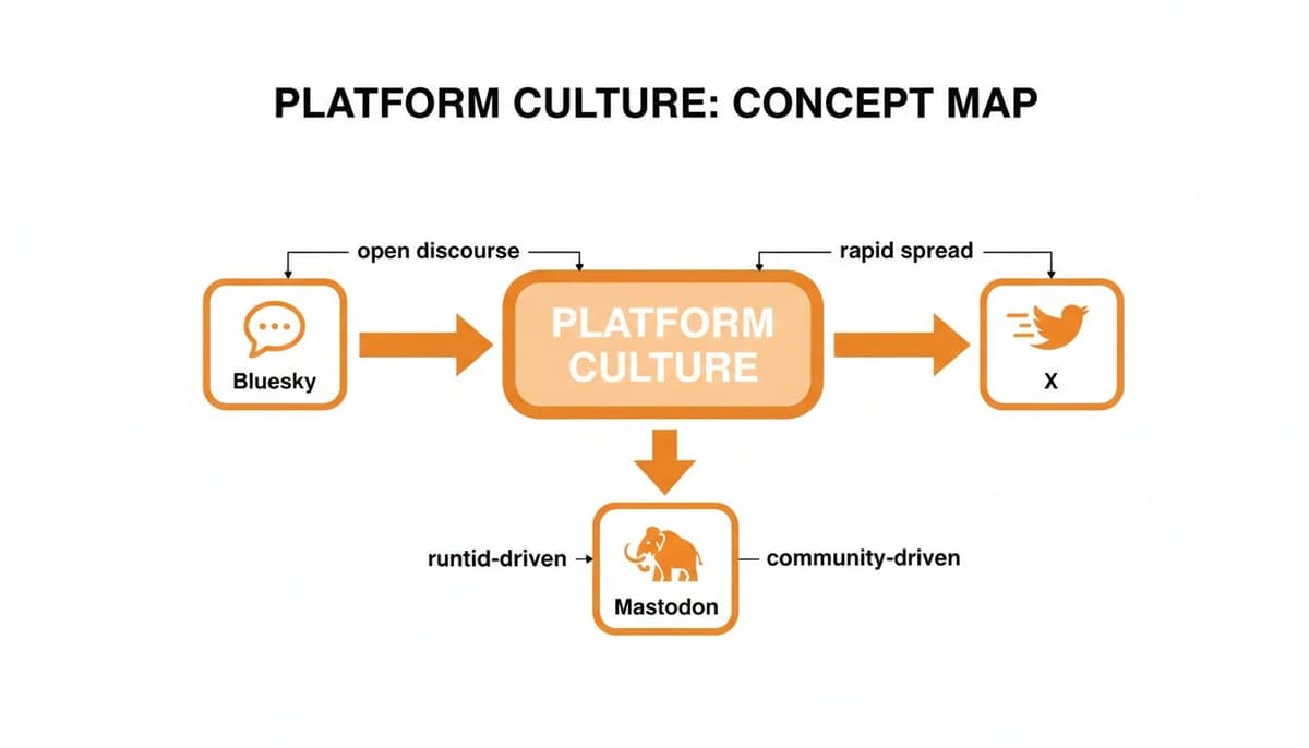 Concept map illustrating platform culture's relationships between Bluesky, X, and Mastodon with defining characteristics.