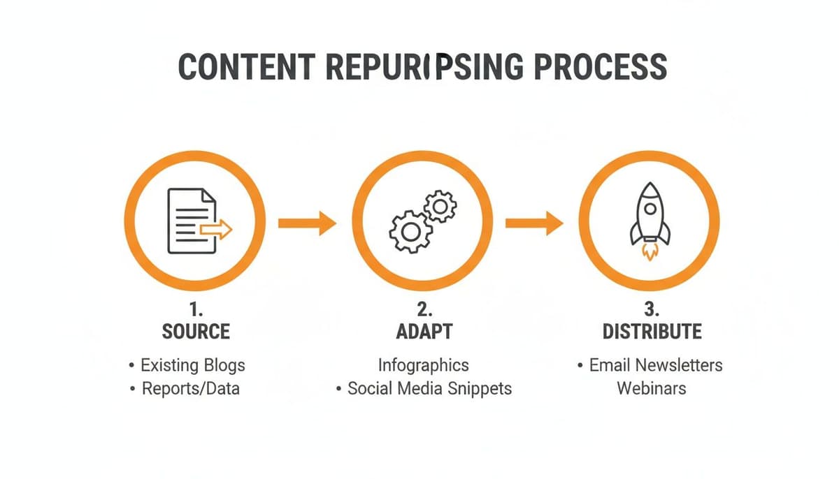 A diagram outlining a three-step content repurposing process: source, adapt, and distribute.