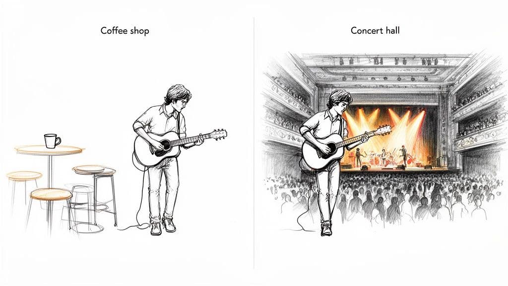 A split image showing a musician playing guitar: first in a coffee shop, then in a large concert hall.