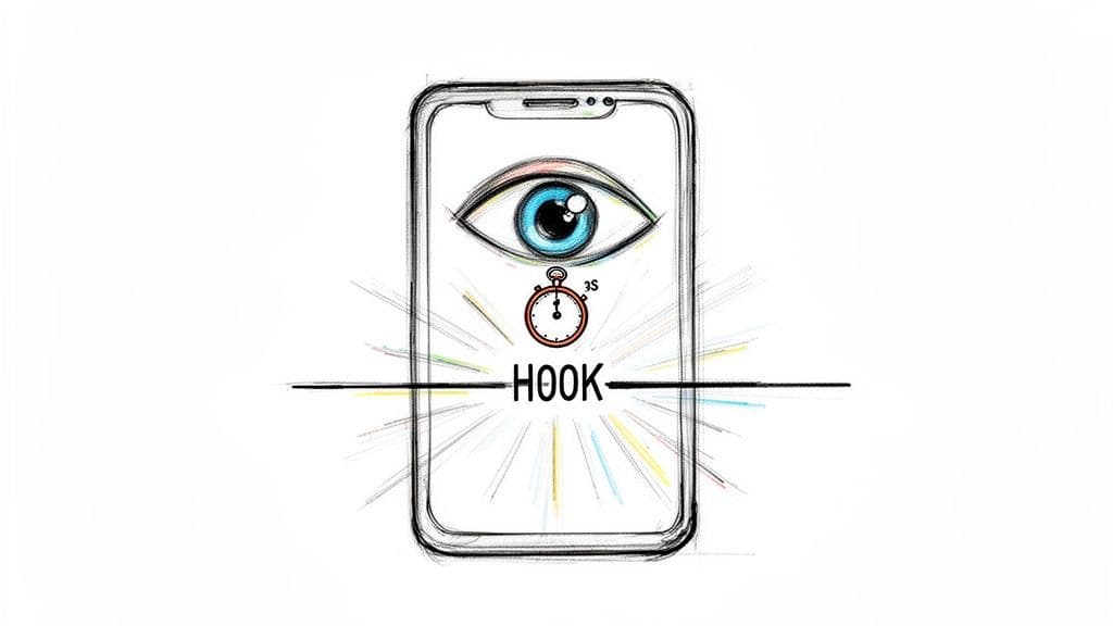 Stylized smartphone drawing with a large eye, 3s stopwatch, and 'HOOK' text, symbolizing quick engagement.