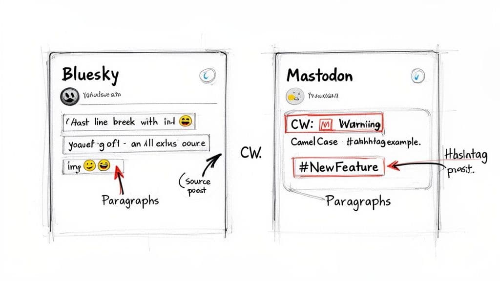 A sketch comparing Bluesky and Mastodon social media post layouts, highlighting content warnings, paragraphs, and hashtags.