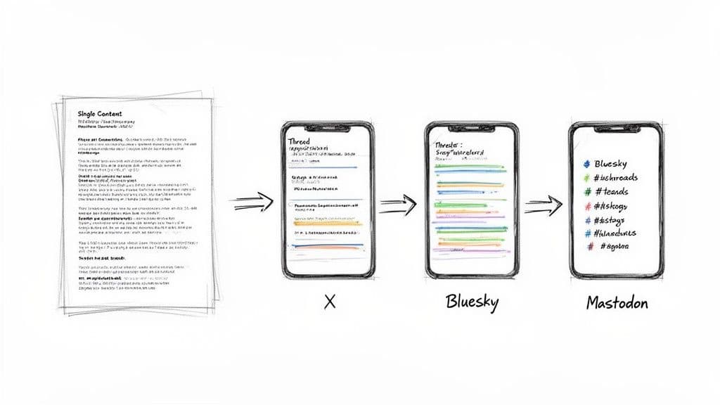 Diagram illustrating content transformation from a single document into X, Bluesky, and Mastodon social media posts.