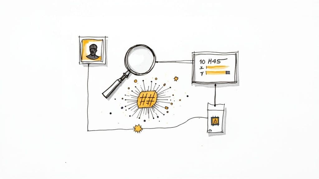 A diagram illustrates data analysis, connecting a user profile, magnifying glass, a hashtag symbol, and data metrics.