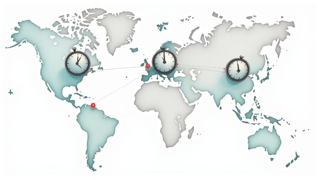 World map illustrating three clocks over North America, Europe, and Asia, linked by dashed lines, representing global time zones.