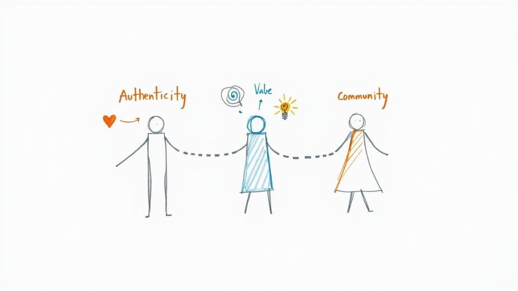 Illustration showing Authenticity, Value, and Community represented by three interconnected stick figures.