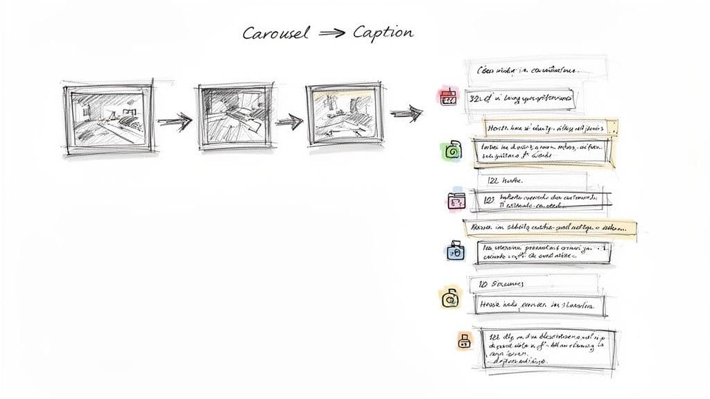 Hand-drawn diagram illustrating content repurposing: a visual carousel transforming into structured textual captions with icons.