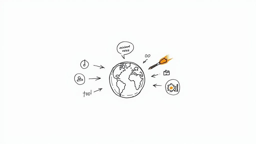 Hand-drawn diagram illustrating a globe at the center with various tools, users, and processes interacting.