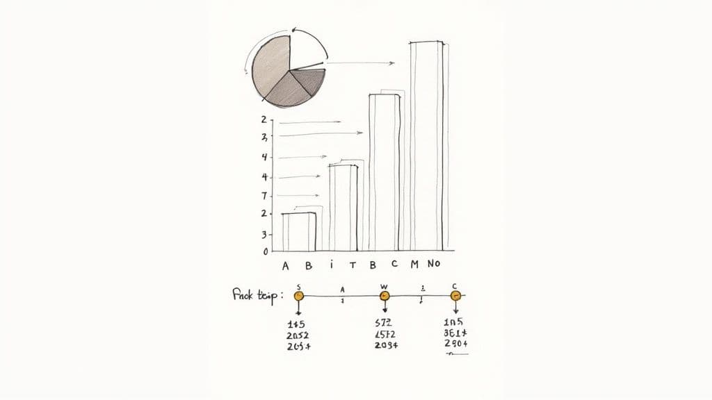 Hand-drawn charts and diagrams, including a pie chart, a bar graph, and a timeline with data points.