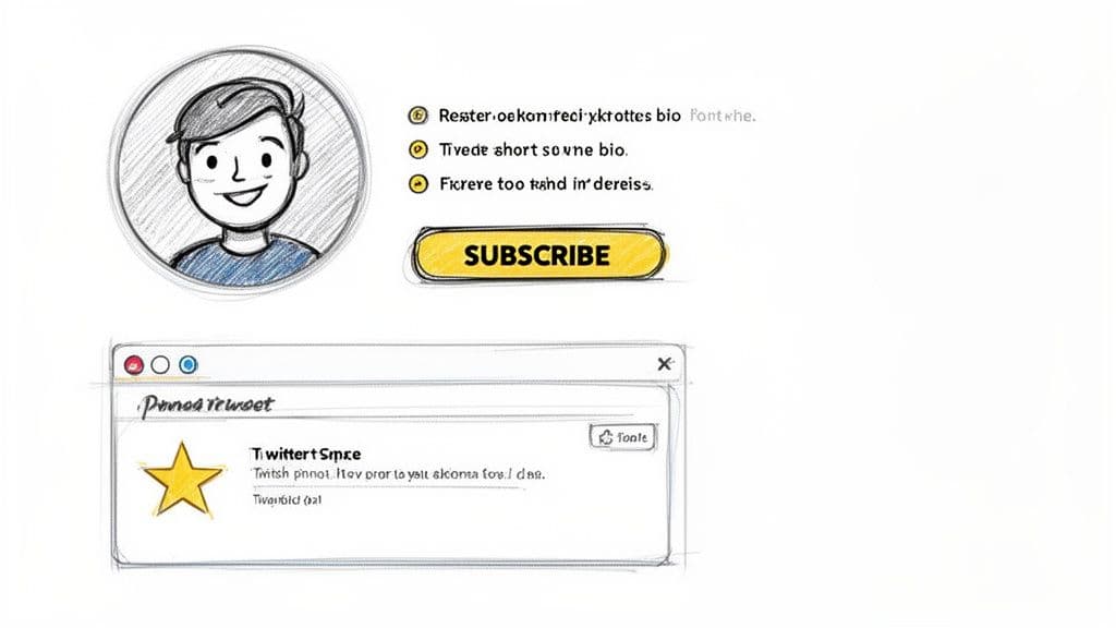 Hand-drawn sketch of a social media profile with a smiling avatar, subscribe button, and a tweet window.
